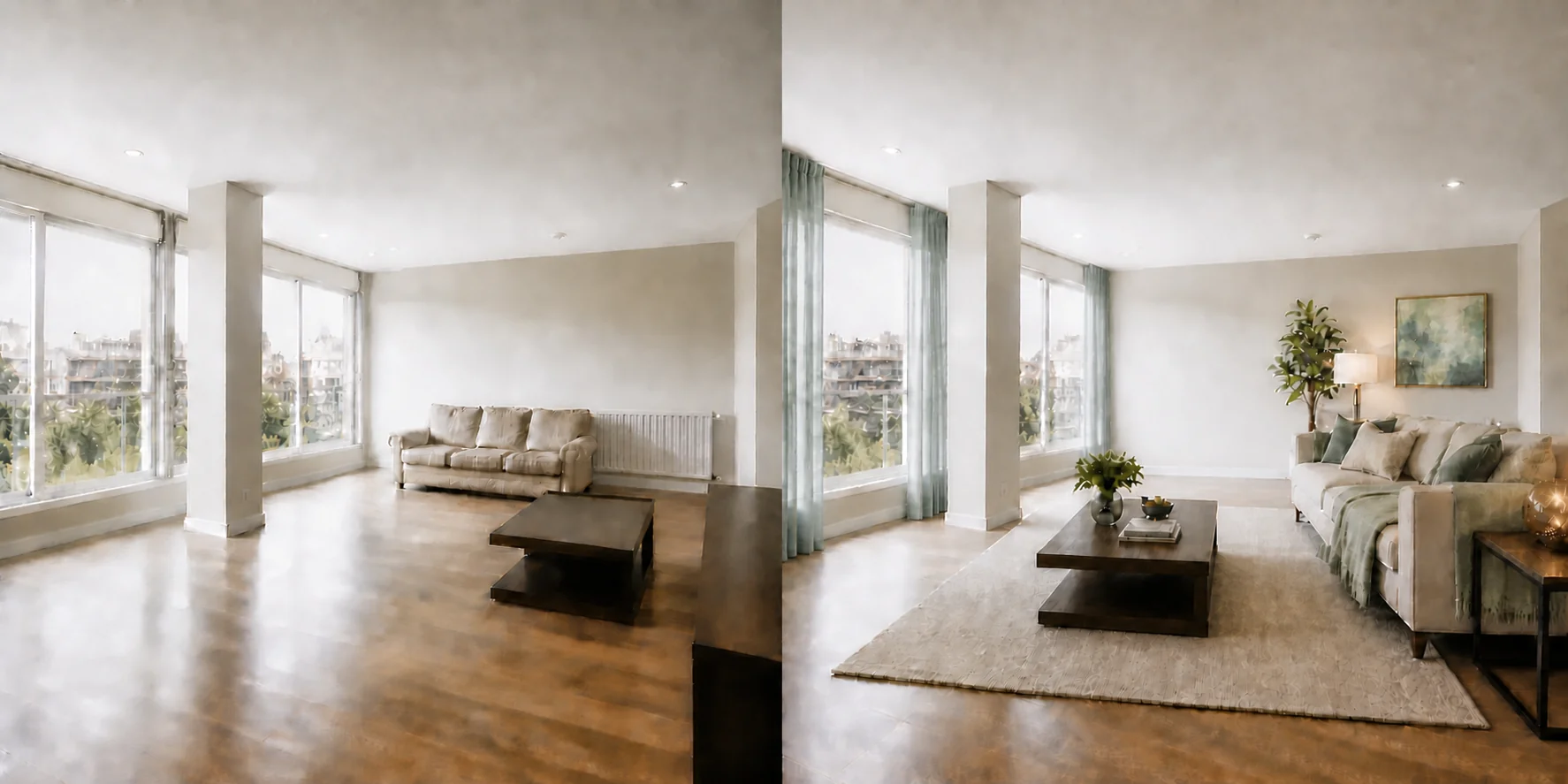 Comparativa realista de la misma habitación antes y después de un Home Staging profesional