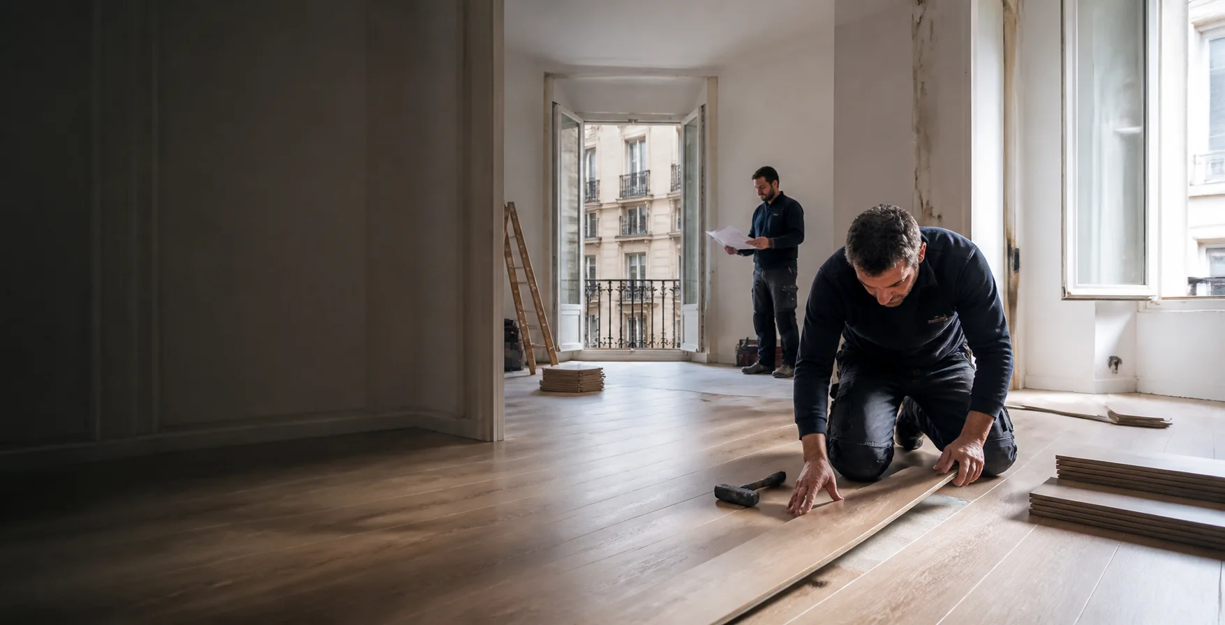 Profesional instalando suelo de madera durante una reforma