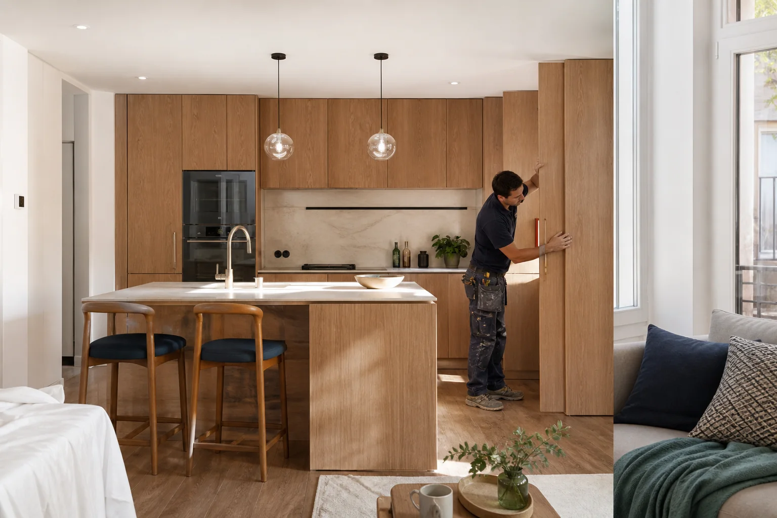 Profesional realizando ajustes finales tras reformar una cocina