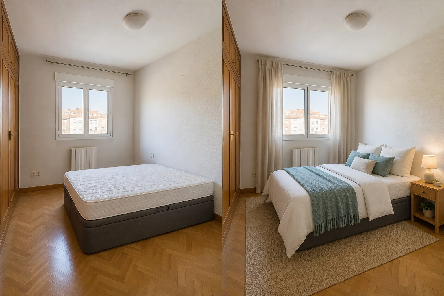 El mismo dormitorio antes y después de una preparación profesional de Home Staging